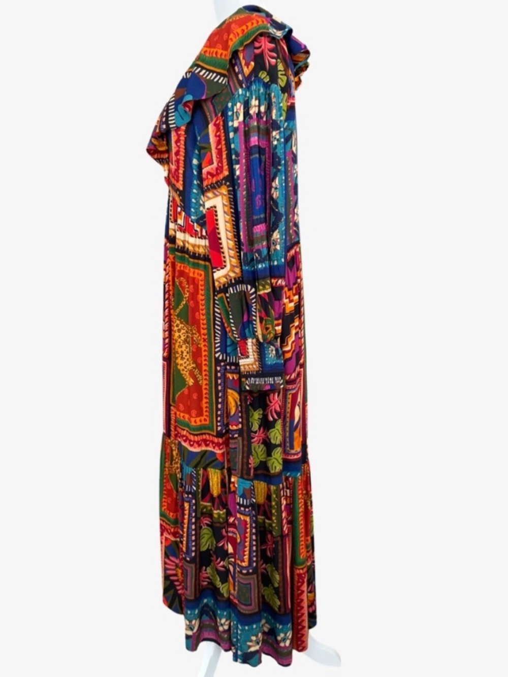 Farm Rio Patchwork Tapestry Ankle Maxi Dress Size L Ruffle Boho - Picture 7 of 16